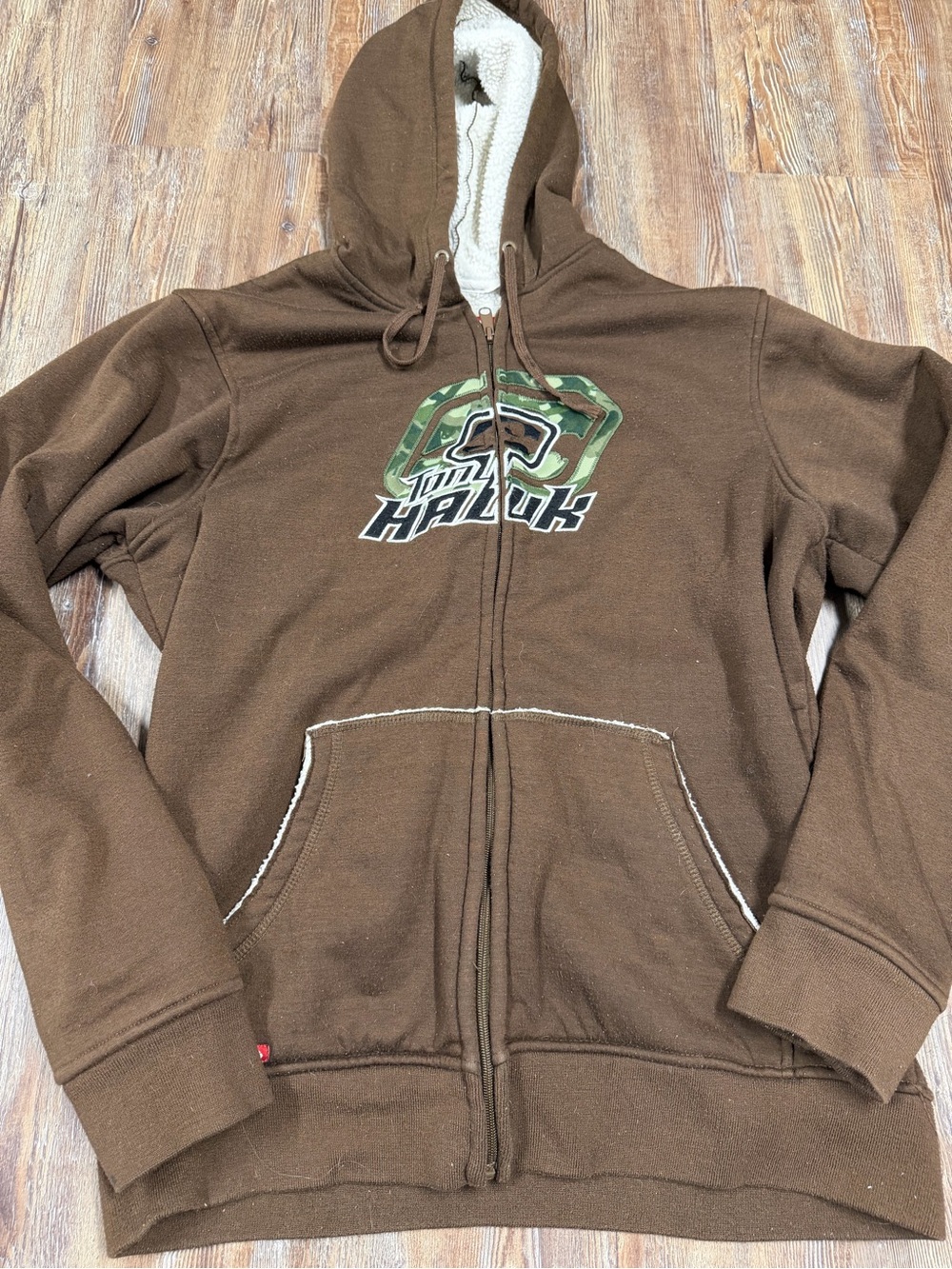 Vintage Y2K Tony Hawk Brown fleece lined zip-up hoodie with white stitching
